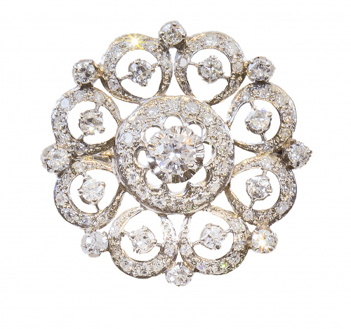 Broche circular de brillantes en forma de flor años 50, con
