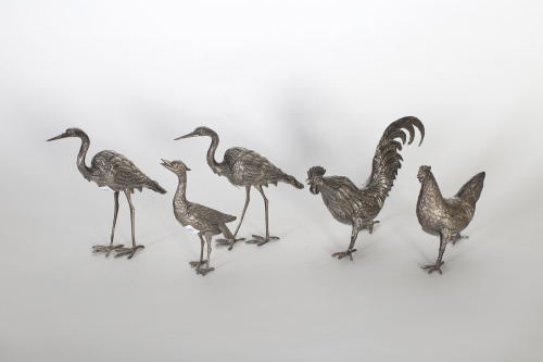 Juego de tres garzas decorativas de plata, pp. del S. XX.