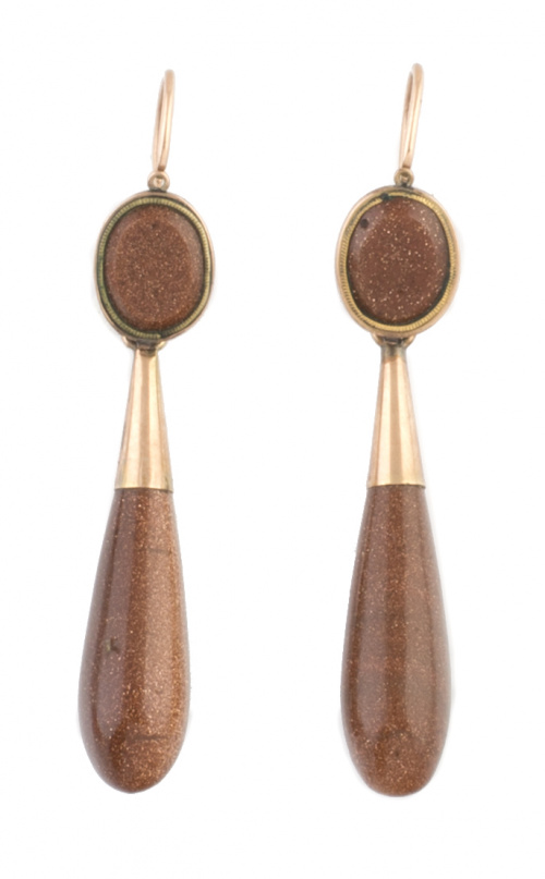 Pendientes largos de pp. S. XX con perilla y botón de cuarz