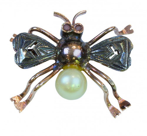 Broche mosca años 50 con cuerpo de perla y alas con diamant