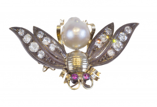 Broche mosca años 50 con alas de brillantes cuerpo de perla