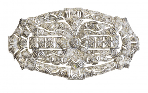 Broche placa Art-Decó de brillantes y diamantes con diseño 
