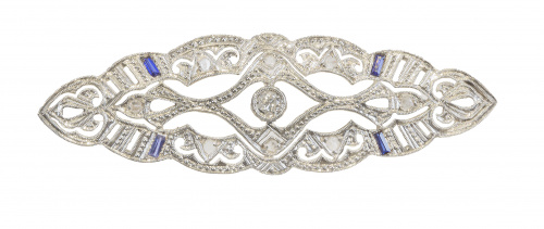 Placa broche Art-Decó de diamantes, con cuatro zafiros tall
