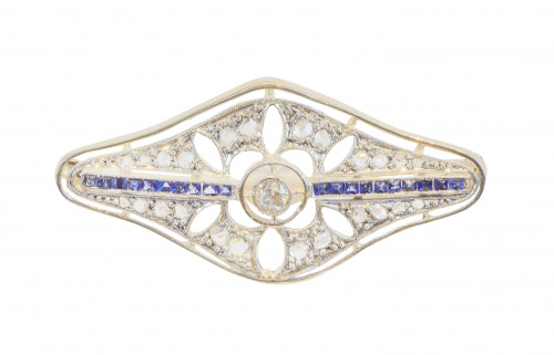 Placa broche Art-Decó de diamantes, con zafiros talla calib