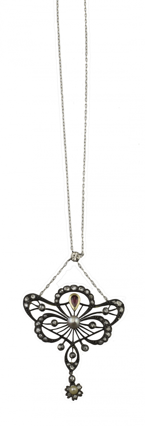 Colgante Art-Nouveau con diamantes, perlas finas y perilla 