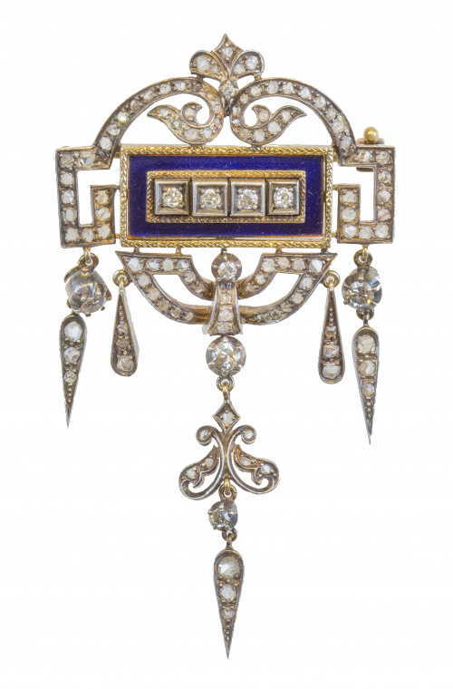 Broche colgante de pp. S. XX con brillantes y esmalte azul