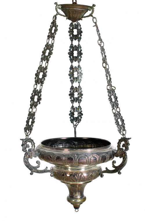Lámpara votiva en metal plateado.Trabajo español, S. XIX