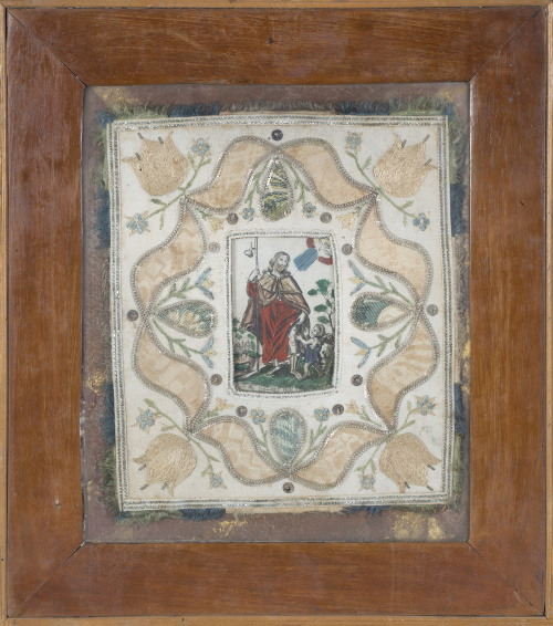 Bordado Carlos IV con grabado coloreado de San Roque, lente