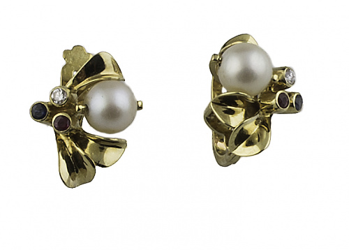 Conjunto de pendientes y sortija con brillante, rubí, zafir