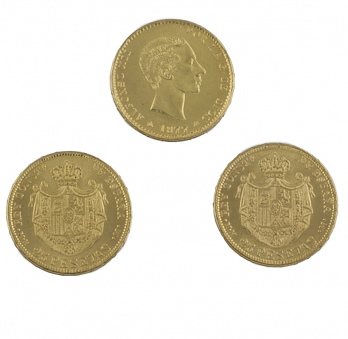 Tres monedas de 25 ptas de Alfonso XII de 1877. MH. MM. Pro