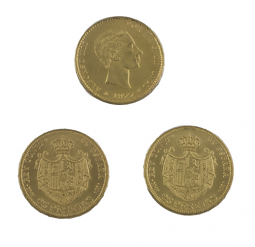 Tres monedas de 25 ptas de Alfonso XII de 1877. MH. MM. Pro