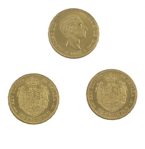 Tres monedas de 25 ptas de Alfonso XII de 1883. MH. MM. Pro