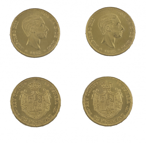 Cuatro monedas de 25 ptas de Alfonso XII de 1876. MH. MM. P