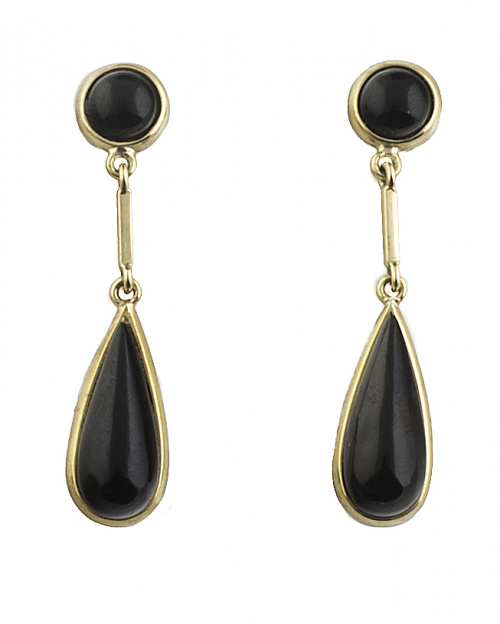 Pendientes largos con cabuchón y perilla de ónix en oro de 