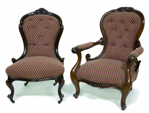 Pareja de butacas de dama y caballero victorianas en madera