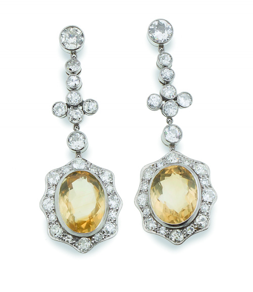 Pendientes largos de brillantes,  con flor colgante de citr