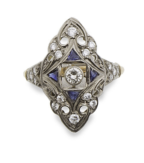 Sortija lanzadera Art-Decó con diamantes y zafiros calibrad