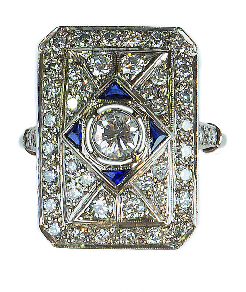 Sortija lanzadera rectangular estilo Art-Decó de brillantes
