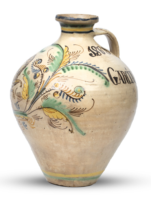 Orza alfonsina de cerámica esmaltada con leyenda "1869 Don 