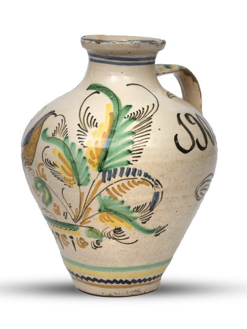 Orza alfonsina de cerámica esmaltada con pajarito y leyenda