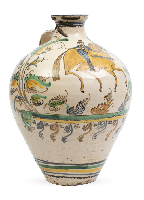 Orza de cerámica esmaltada con caballo, fechada 1892  y nom