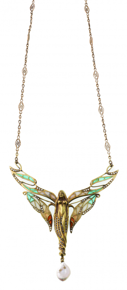 Pendentif Art- Nouveau configura de sirena alada de esmalte