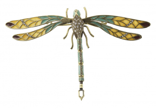 Broche libélula Art Nouveau de esmalte Plique-à-Jour y diam