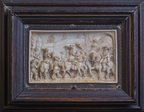 Personajes a caballo frente a una fortificaciónPlaca de ma