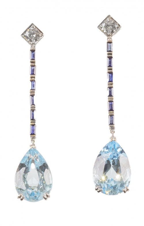 Pendientes largos estilo Art-Decó con topacios azules talla