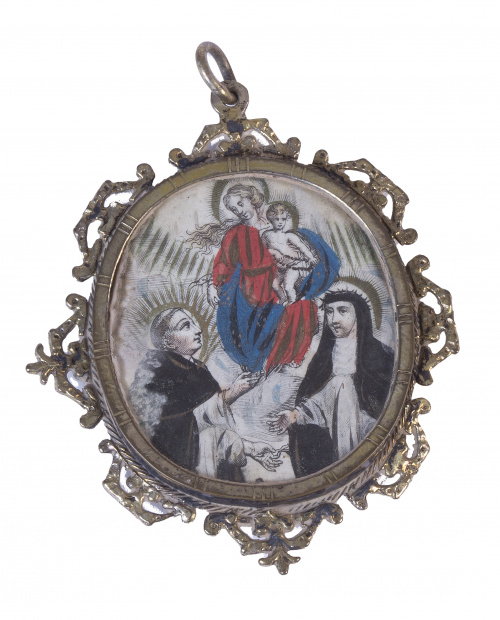 Medalla devocional con dos viriles, grabado coloreado por a