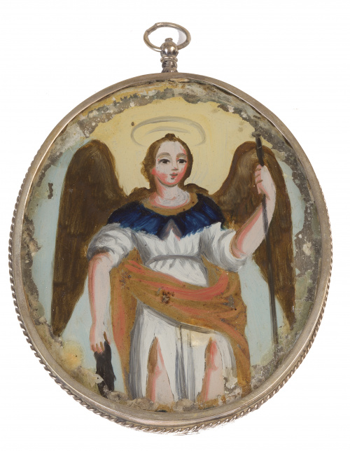 Medalla devocional con dos viriles con pintura bajo cristal