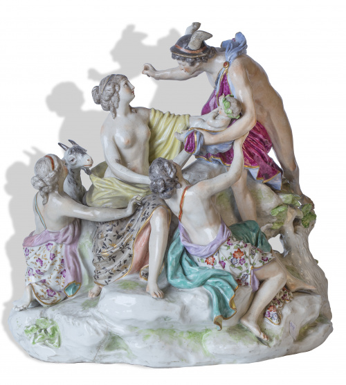 Hermes y Venus.Grupo escultórico de porcelana esmaltada.