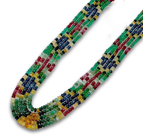 Cinco hilos de esmeraldas combinadas con rubíes y  zafiros 