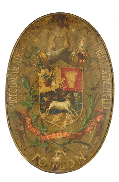 Placa metálica policromada con escudo y cartela: “Viceconsu