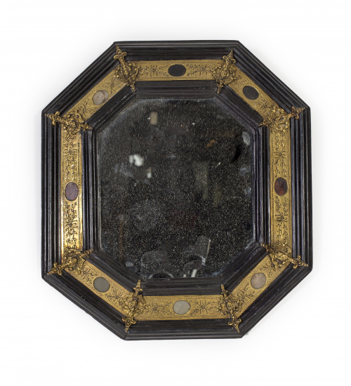 Espejo octogonal de madera de ébano y metal grabado con apl