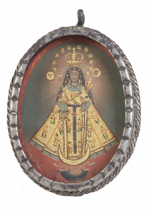 Relicario con dos cobres pintados, con la Virgen y un santo