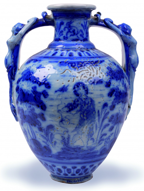 Orza de cerámica esmaltada en azul de cobalto, siguiendo mo