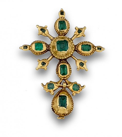 Colgante s.XIX de esmeraldas con cruz y gota colgante en or