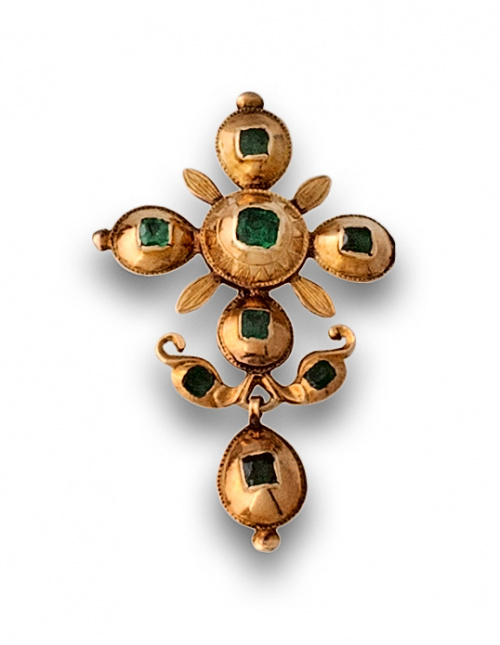 Colgante s XVIII de dos cuerpos, con esmeraldas en cruz y p