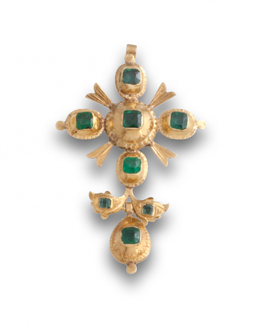 Cruz colgante de esmeraldas s.XVIII con perilla inferior