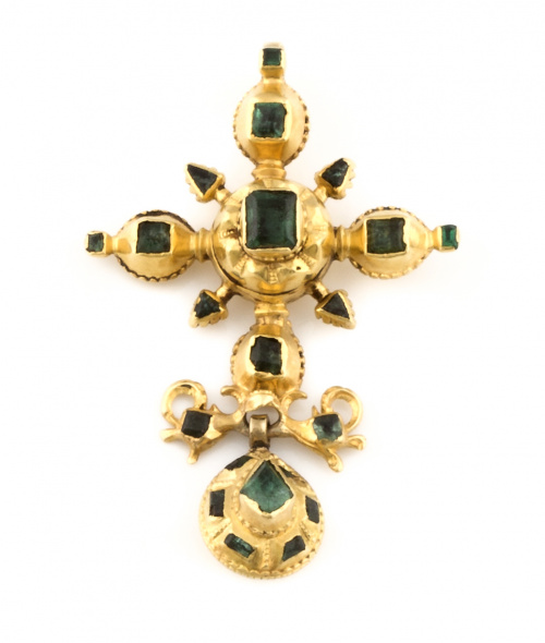 Colgante cruz de esmeraldas s.XIX con perilla colgante en o