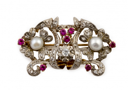 Broche años 30 con perlas, zafiros blancos y rubíes sintéti
