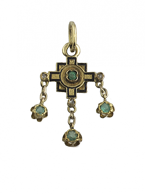 Colgante S. XIX con doble cruz con contorno de esmalte y ce