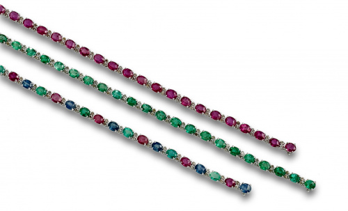 Pulsera rivière de esmeraldas,rubíes y zafiros con parejas 