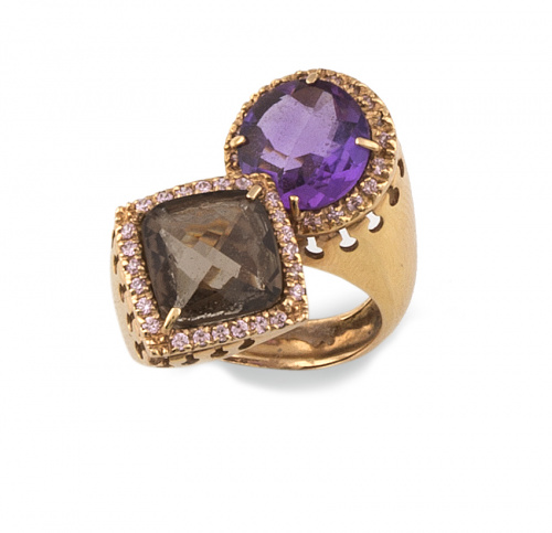 Sortija con amatista y cuarzo ahumado orlados de zafiros ro