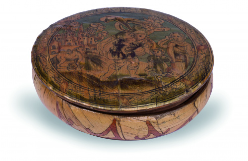 Caja circular en madera y paja, con personajes y un castill