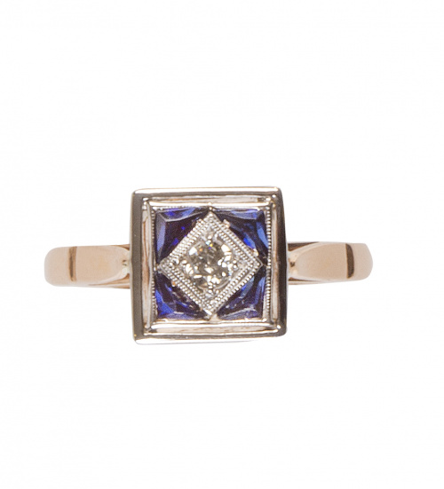 Sortija Art-Decó de frente cuadrado, con brillante central 