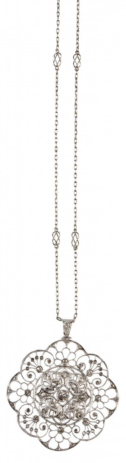 Colgante estilo Belle Epoque de platino y brillantes, en fo