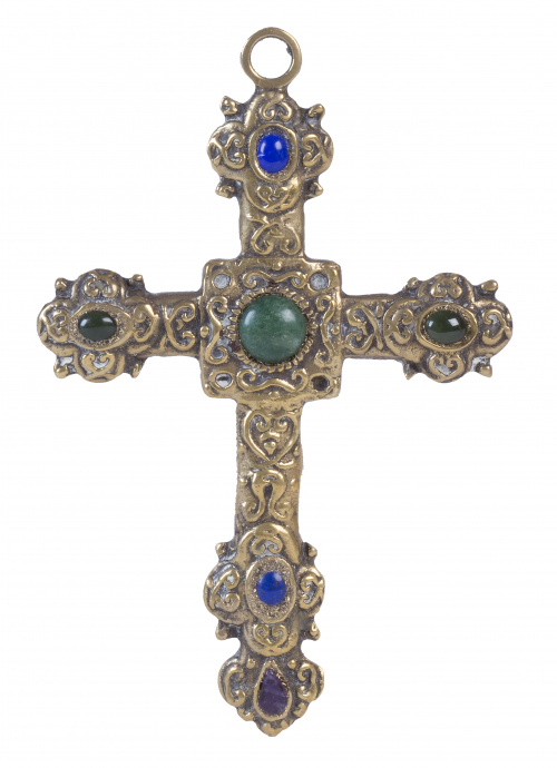 Cruz en bronce con piedras en cabujón, S. XIX.