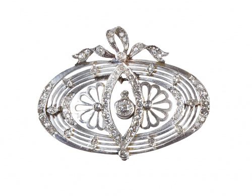 Broche oval Belle epoque portugués de diamantes, encabezada